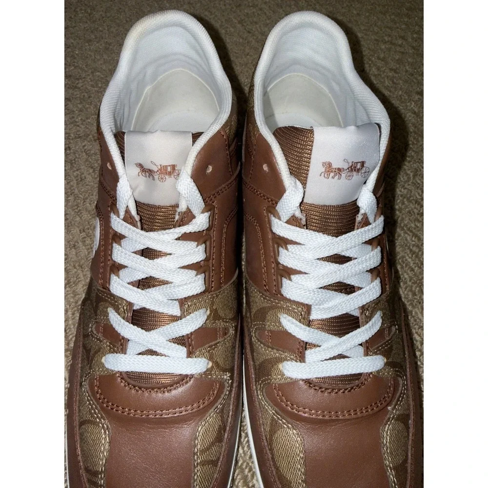 Coach Mens Signature Monogram Leather Low Top Sneakers Brown White Size 11